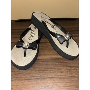Brighton Sz 9 Bowie Wedge Flip Flops Black Silver Bow Bling Sandals